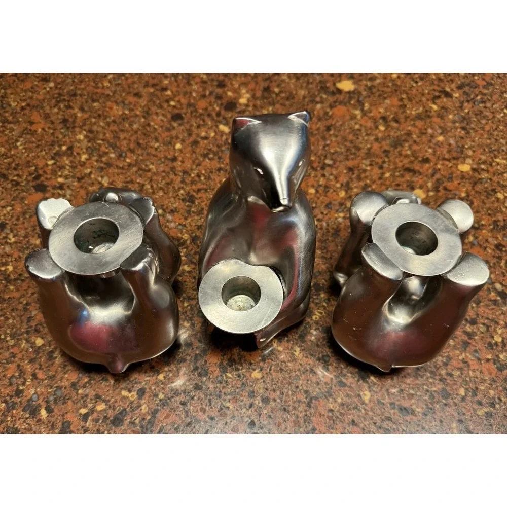 Restoration Hardware Bears Taper Candle Holder Set 3 Silver Metal Figural Decor